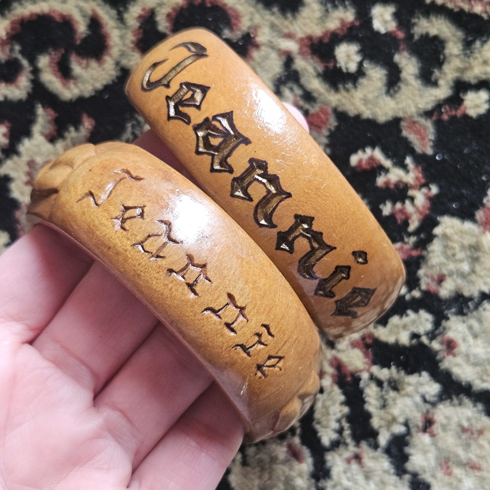 Handcrafted VINTAGE Wooden Name Cuff Bracelets - Personalized Style, Set Of 2